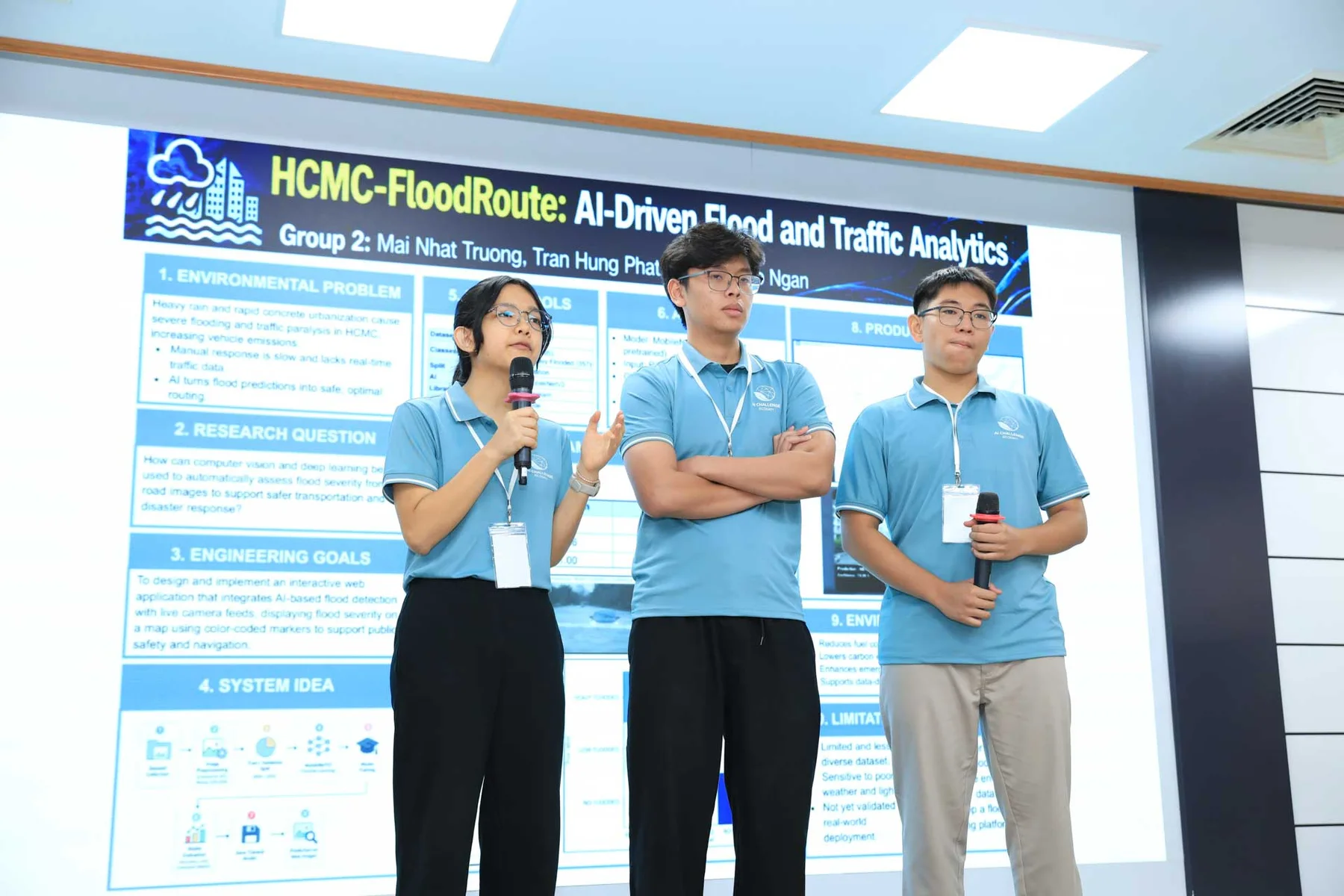 The HCMC-FloodRoute team answering questions about their project