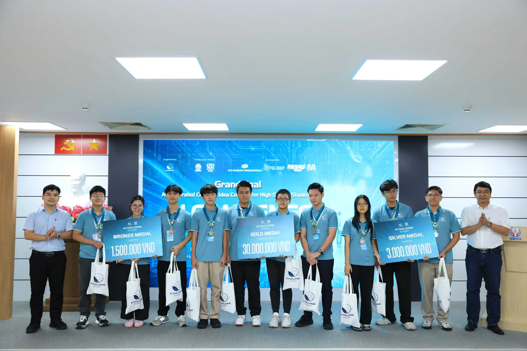 Prize-winning teams on stage at the EcoGen AI Challenge final