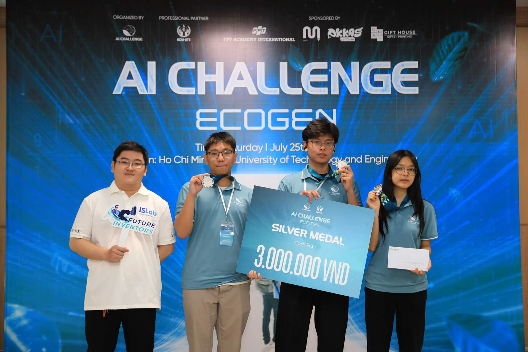 The silver medal team posing in front of the EcoGen AI Challenge backdrop
