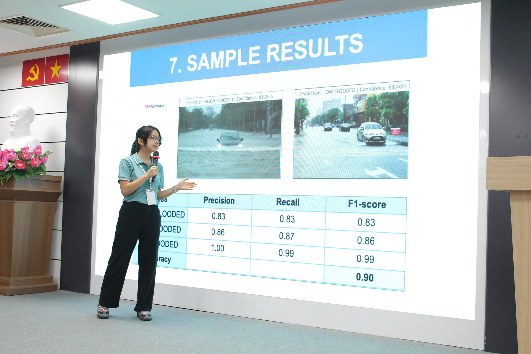 A student explaining sample flood detection results